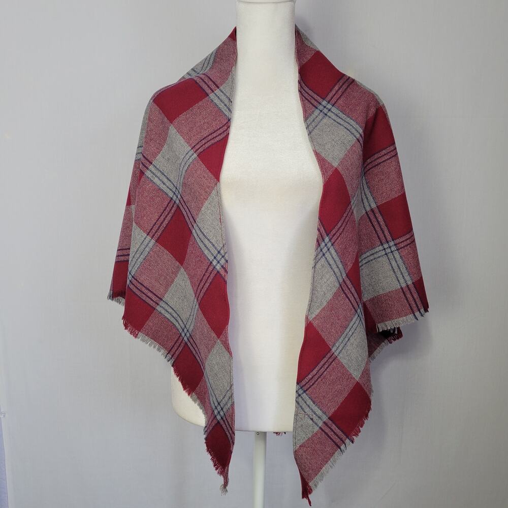 Vtg Austin Hill Wool Blend Plaid Shawl Red & Gray Tartan Retro 80s 90s Classic